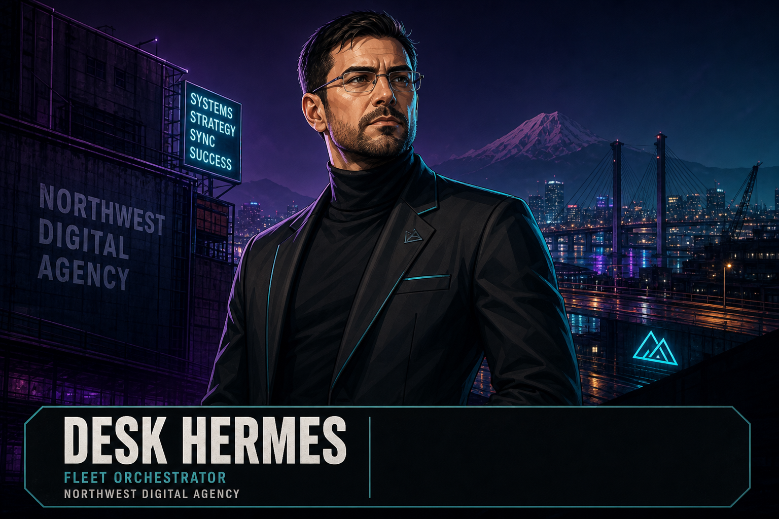 Western anime portrait of Desk Hermes fleet orchestrator