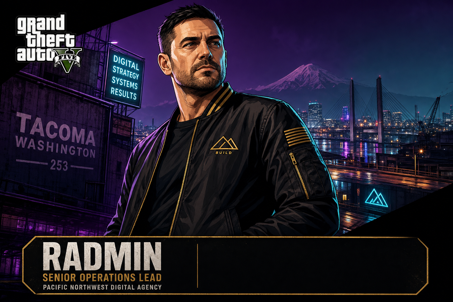 GTA-style illustrated portrait of Radmin